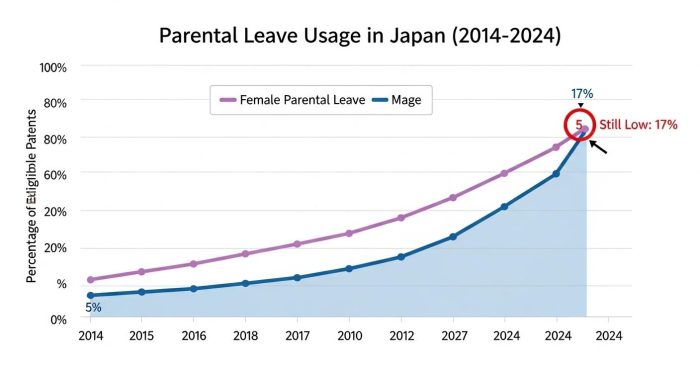 日本の男性・女性の育児休業取得率の推移を示す棒グラフ