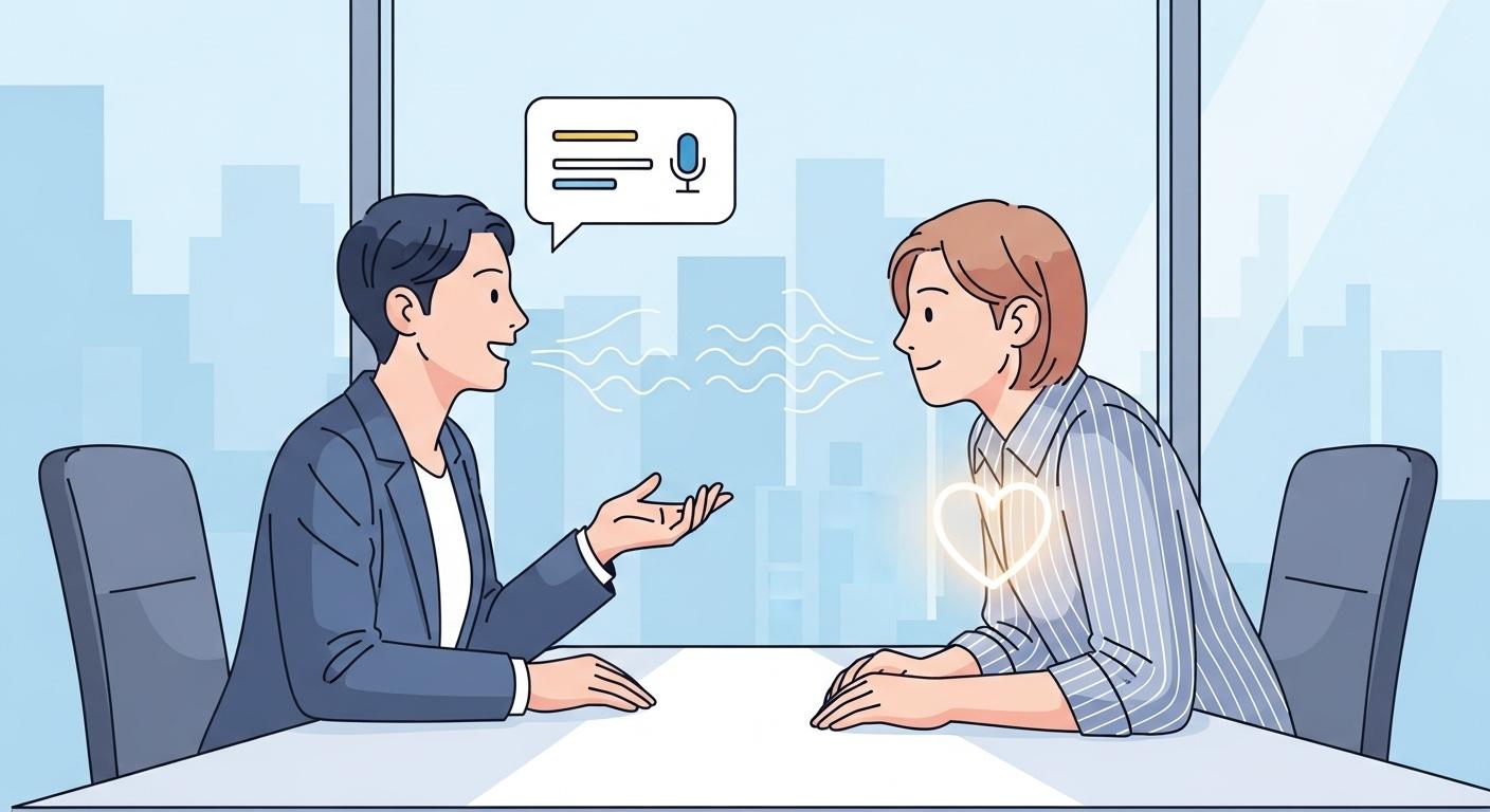 傾聴力を象徴するイラスト。ビジネスシーンで一人が話し、もう一人が真剣に耳を傾け、心で理解しようとする様子。