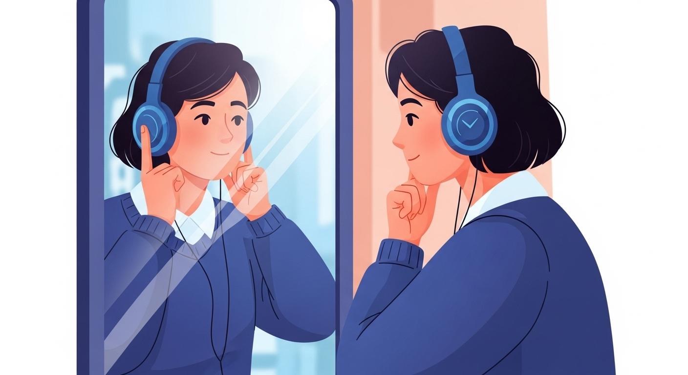 傾聴力を高めるためのトレーニング方法。鏡を見て姿勢や表情をチェックする実践の様子。