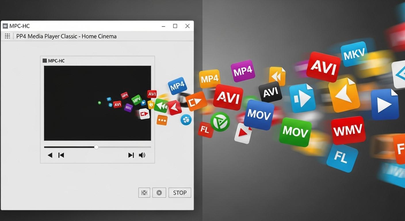 MPC-HCのシンプル画面と多様な動画ファイル形式のアイコン。