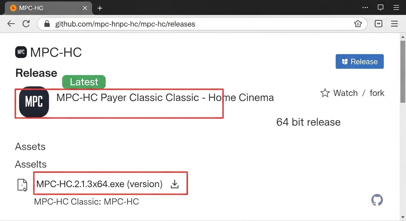 MPC-HCのシンプル画面と多様な動画ファイル形式のアイコン。