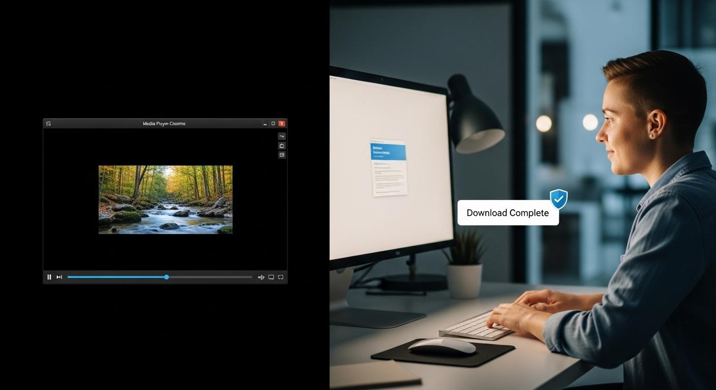 MPC-HCのシンプル画面と安全ダウンロード完了通知の画像。