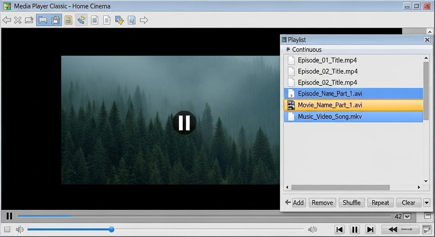MPC-HCのプレイリスト画面に複数の動画ファイルが並んでいる画像。