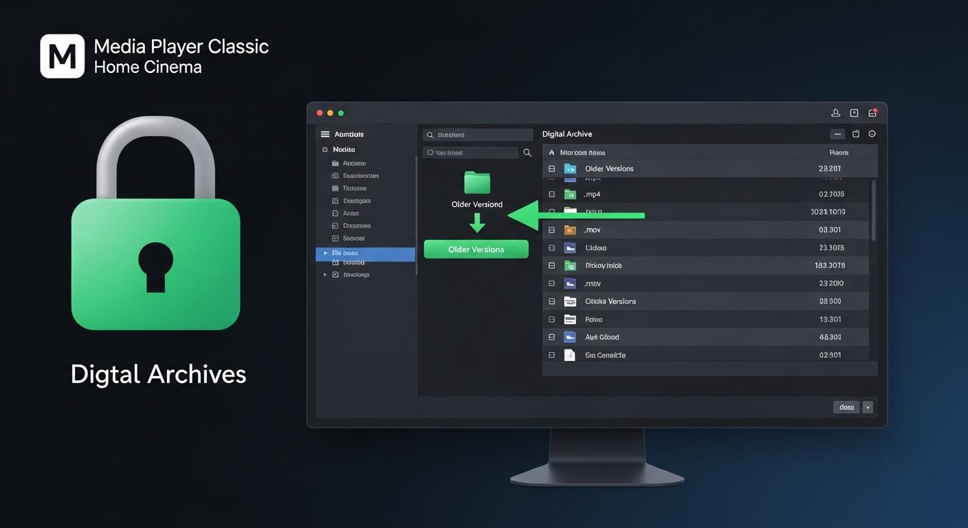 MPC-HCの旧バージョンを安全にダウンロードするためのデジタルアーカイブと鍵アイコン。