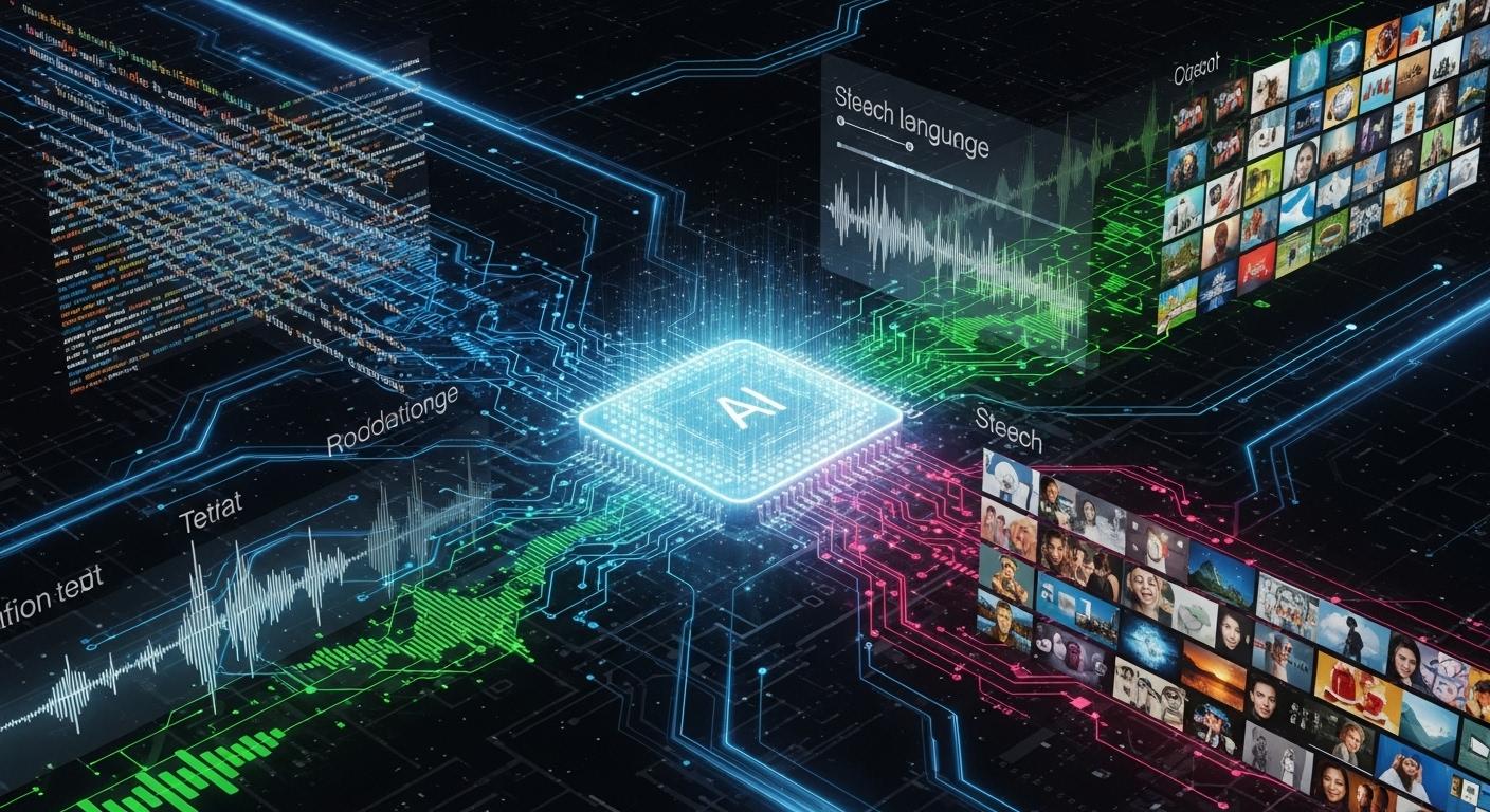 2025年のAI技術の最新トレンドであるマルチモーダルAIの仕組みのイラスト