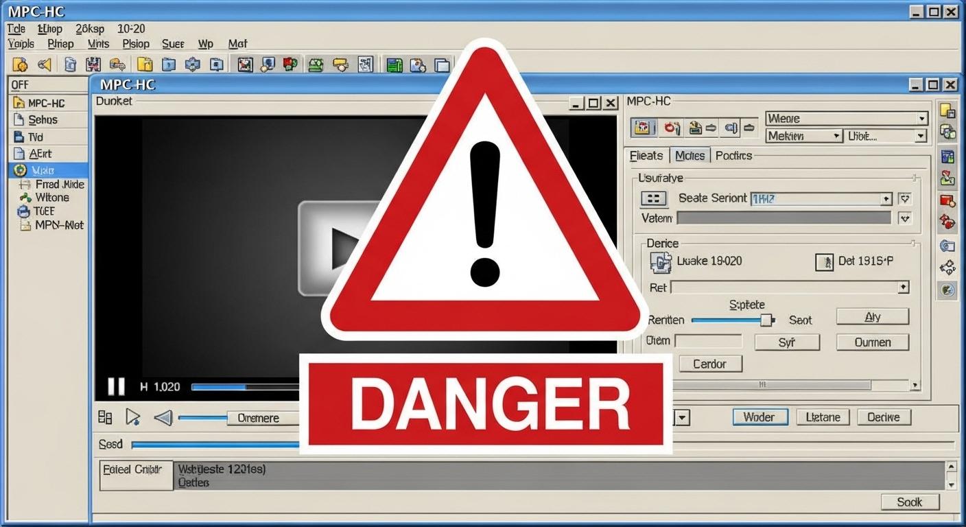 MPC-HCの旧バージョンが持つセキュリティ上の脆弱性を示す警告マーク。