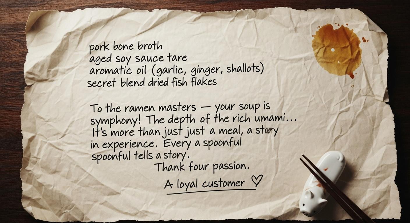 個人経営のラーメン屋のこだわりの味とお客様の声が書かれたメモ