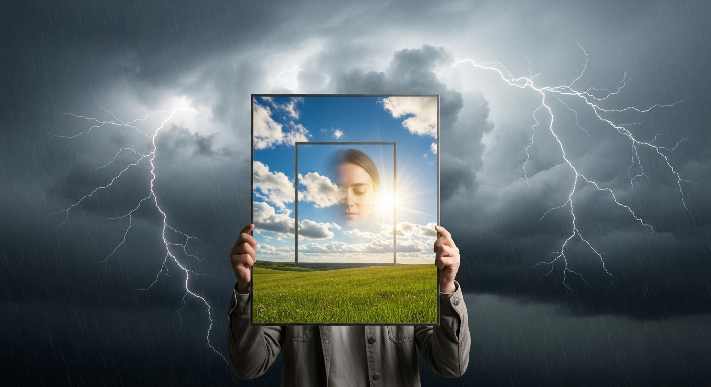 リフレーミングによってネガティブな状況をポジティブに捉え直す視覚的なイメージ。