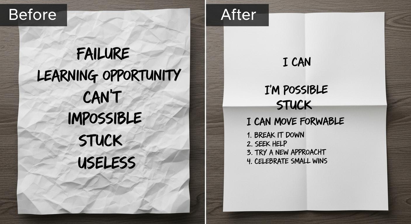 リフレーミングのやり方を具体例で示し、ネガティブな思考を書き出しで変える様子。