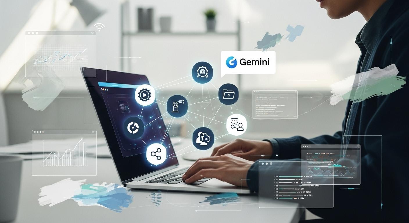 リモートワーク環境でAIツール（Geminiなど）を活用し業務を効率化する様子