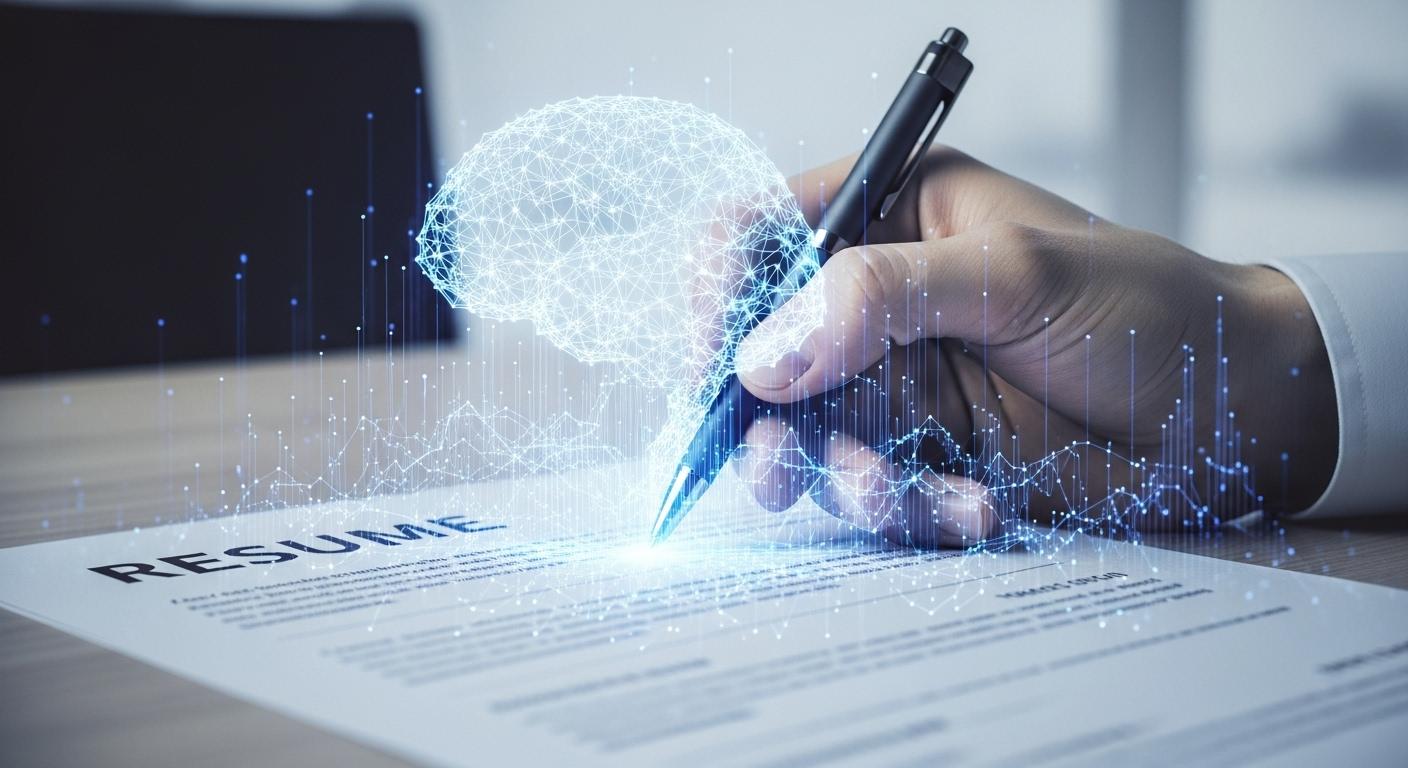 AIツールを活用して志望動機を作成する応募者の手元と、デジタルネットワークのイメージ