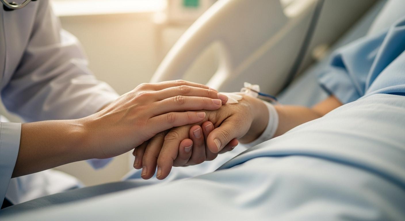 患者の手を優しく握る医療従事者の手