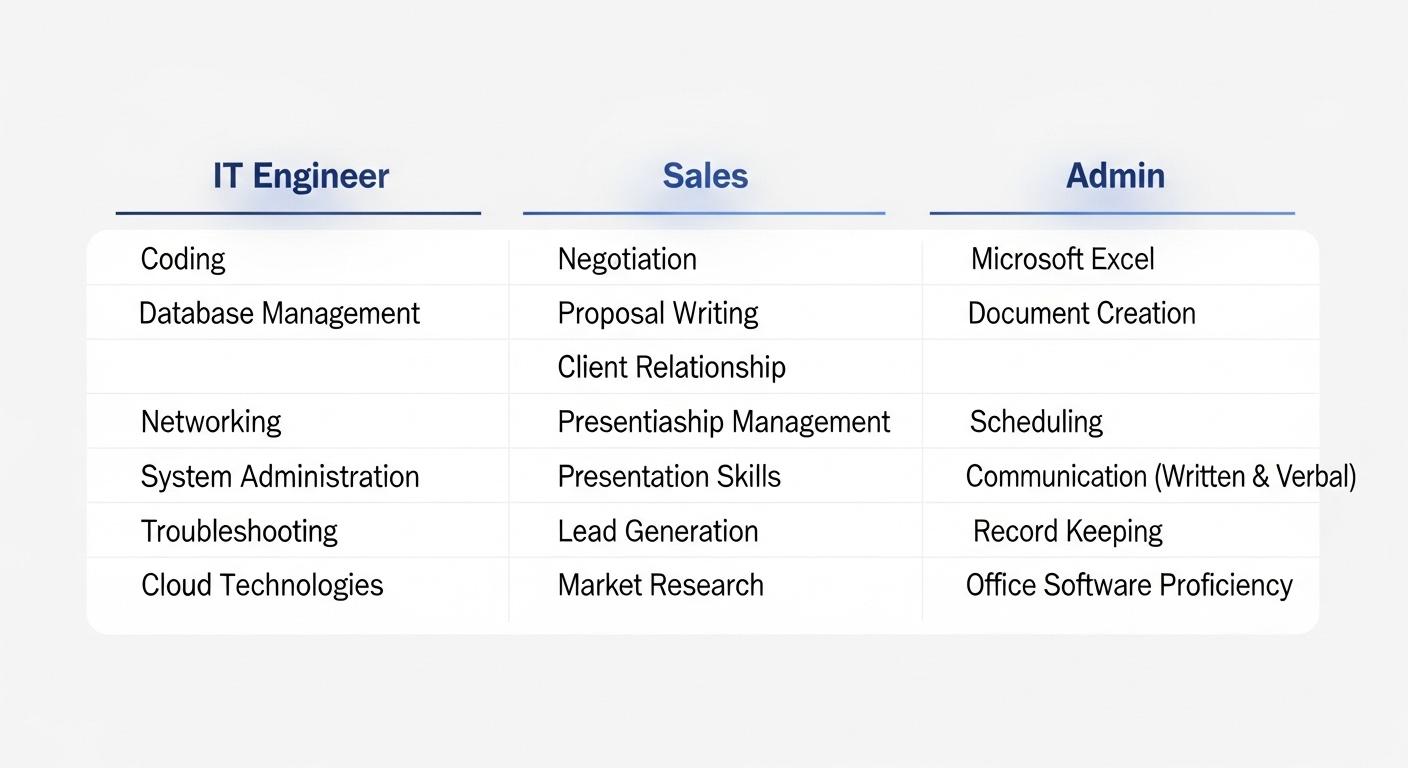 職種別(IT、営業、事務)に求められるスキルの一覧表