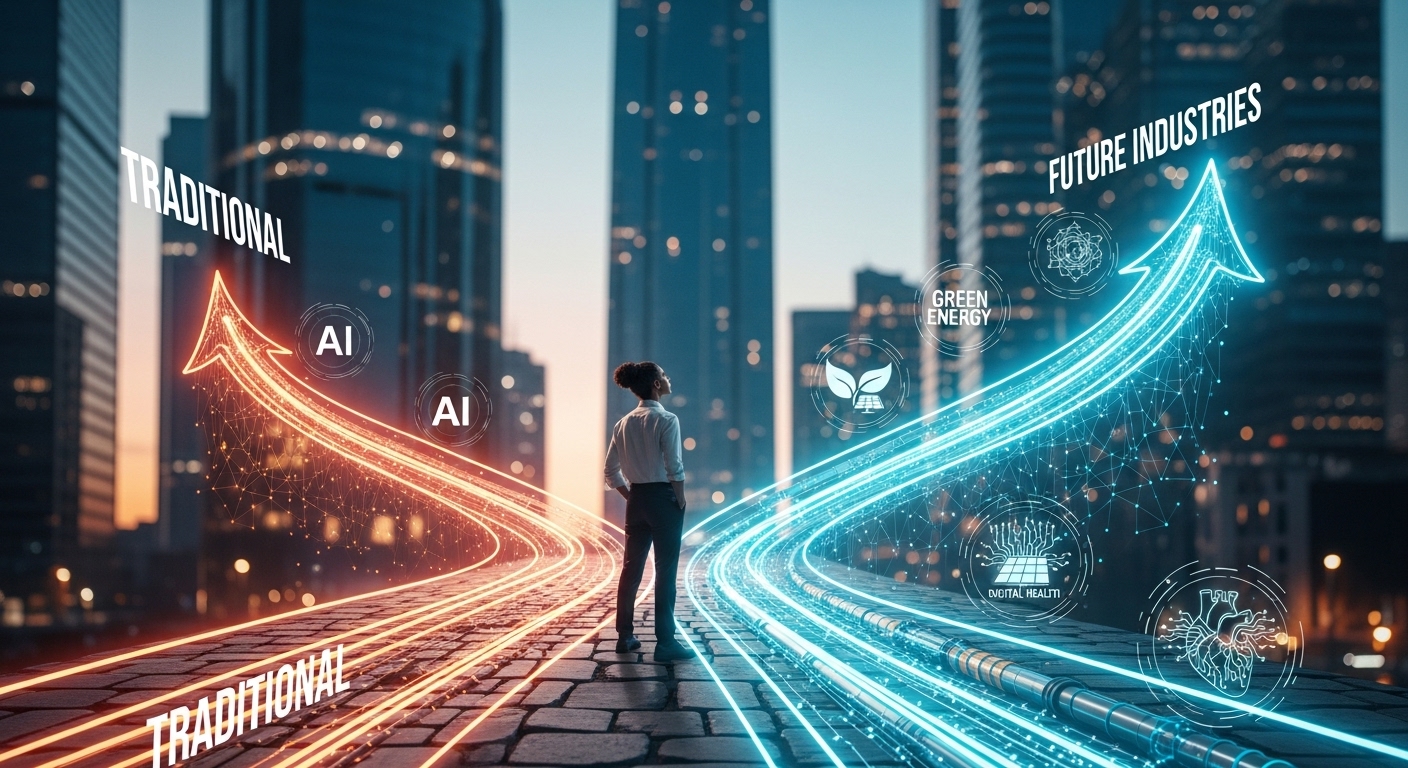 将来性のある業界への転職を決意し、未来の道を選ぶ若手ビジネスパーソンのイメージ