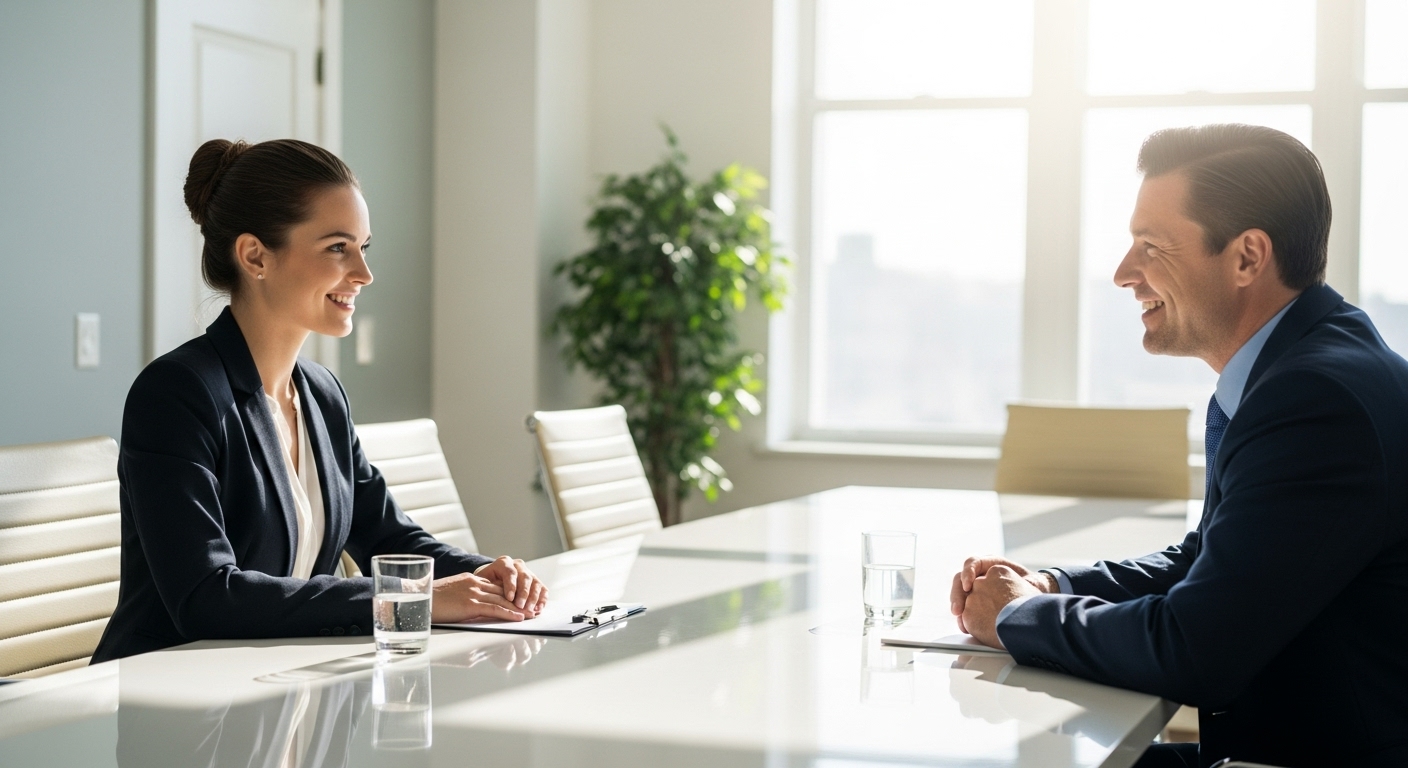 将来性のある企業への面接で、自信を持って意見を伝える応募者