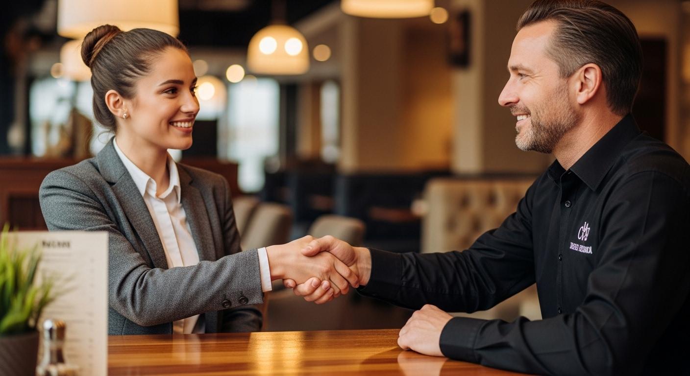 未経験から飲食店に挑戦する熱意を面接で伝える応募者と面接官