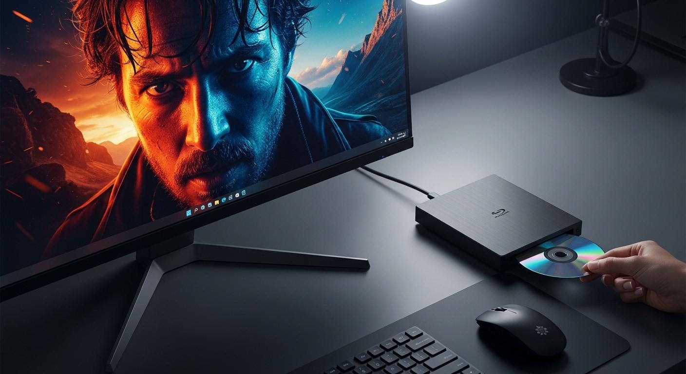 Windows 11搭載PCと外付けBlu-rayドライブでブルーレイディスクを再生する様子。