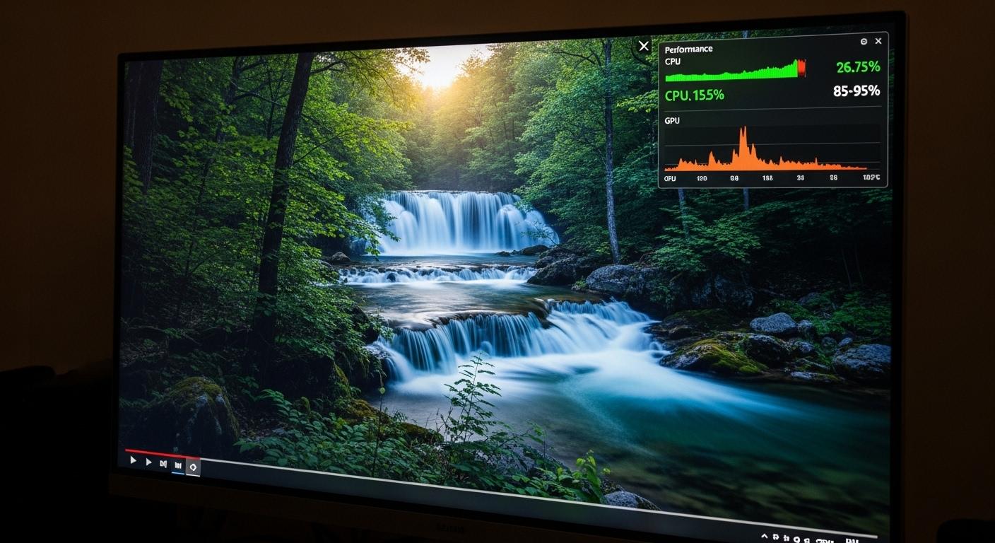 4K動画再生中にCPU使用率が低いことを示すパフォーマンスモニター画面。