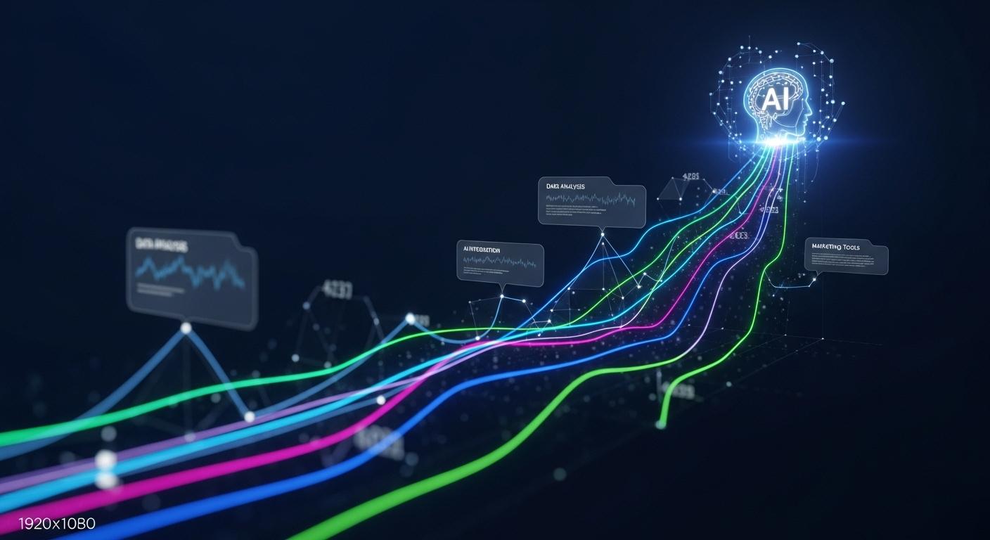 データ分析のトレンドを示すAIアイコン付きの上昇グラフ。