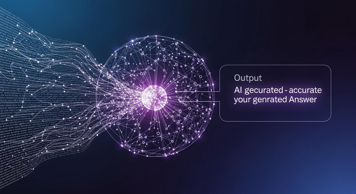 詳細なコンテンツがAIのニューラルネットワークに処理され、正確な回答を生成する様子。