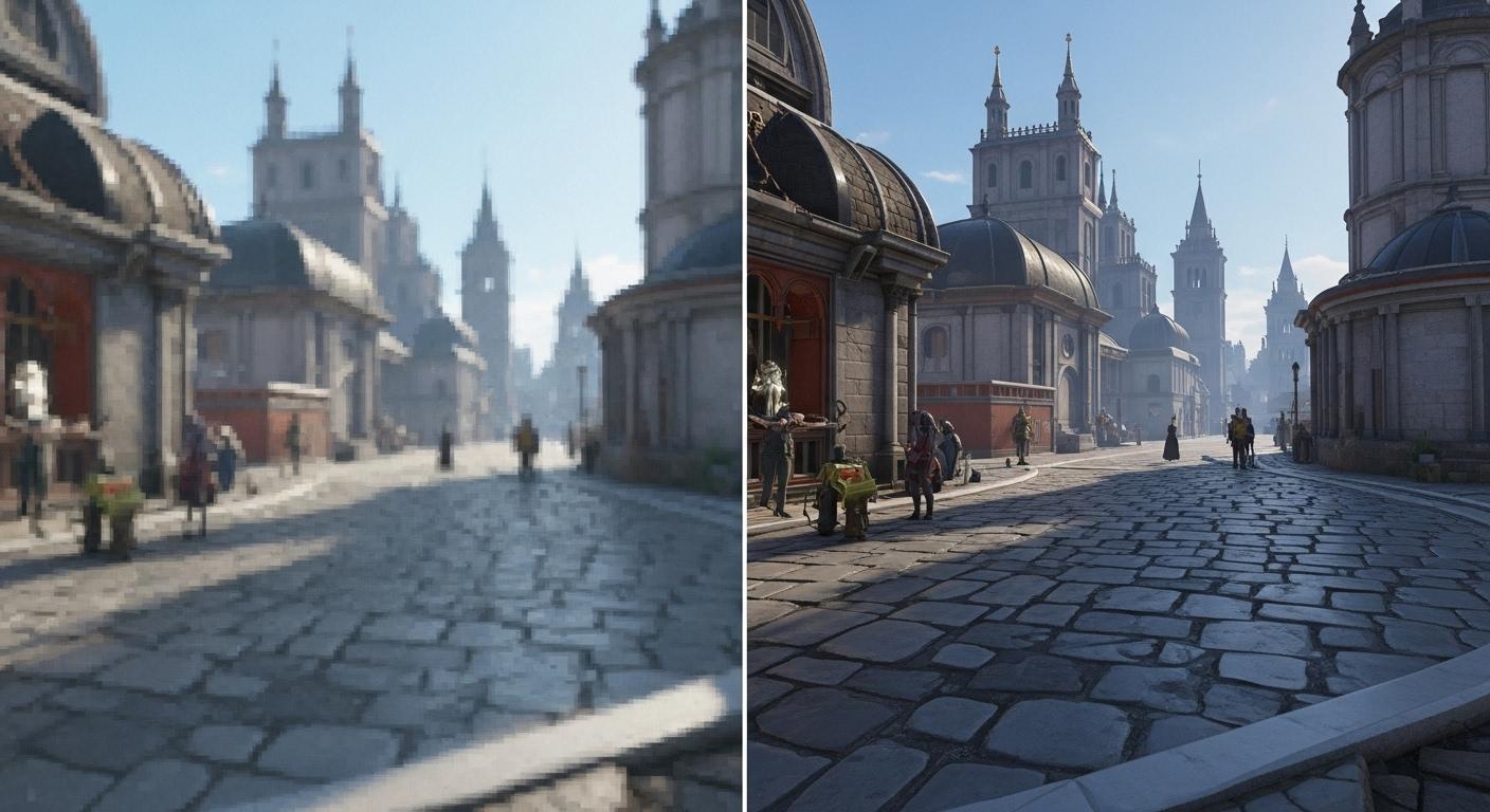 DLSSやFSRなどのAIアップスケーリング技術による画質向上とパフォーマンス改善の比較。