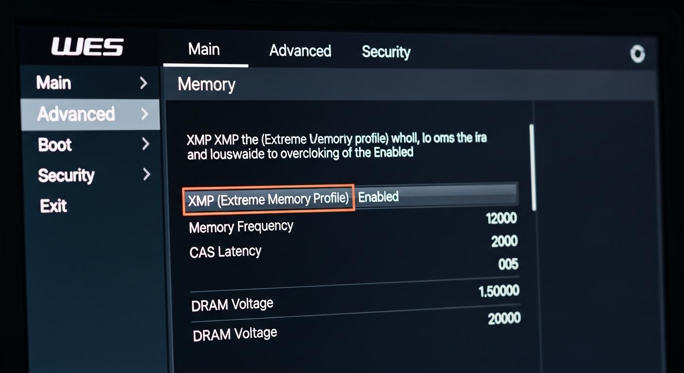 BIOS/UEFI設定画面でメモリのXMP設定を有効にしている様子。