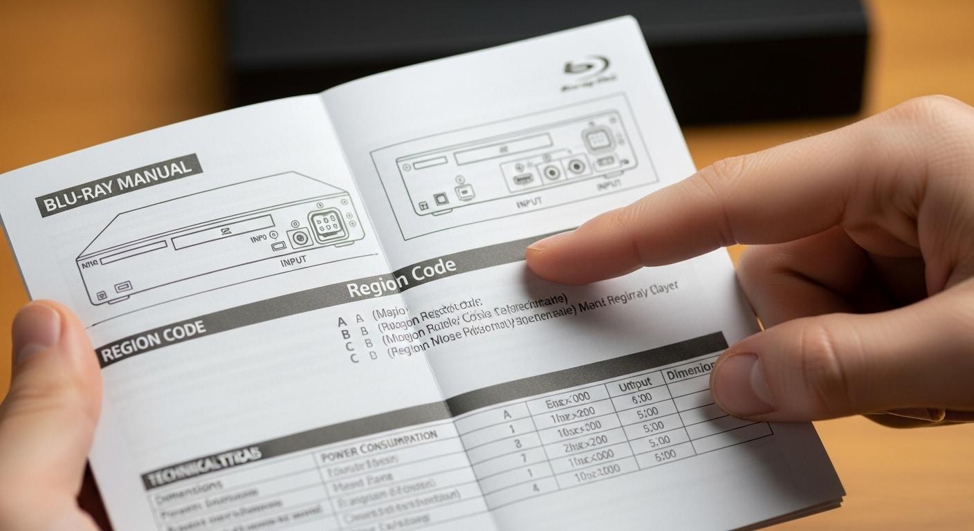 ブルーレイプレーヤーの取扱説明書でリージョンコードを確認する様子。