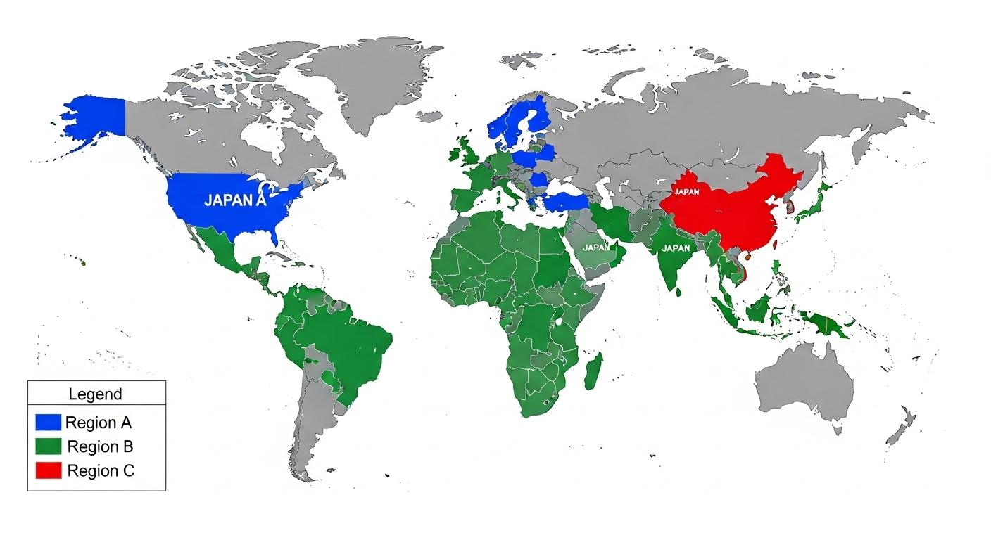 ブルーレイのリージョンコードA、B、Cで色分けされた世界地図。