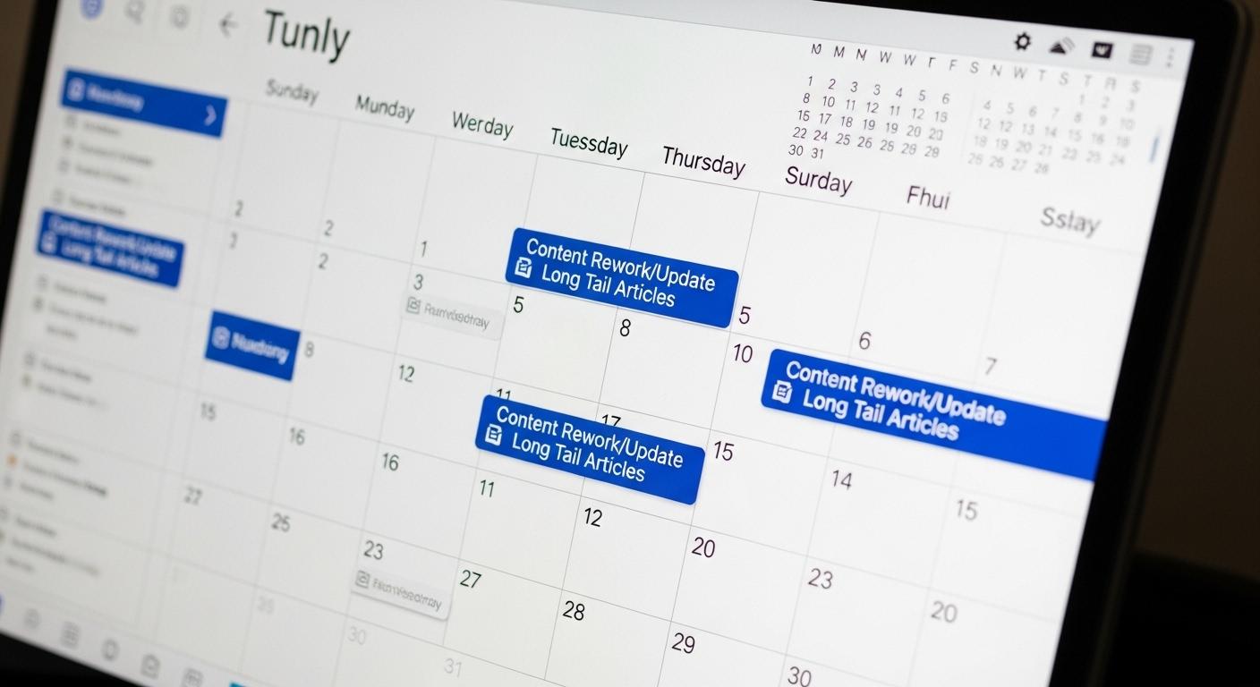 ロングテール記事のリライトと更新の定期的なリマインダーが設定されたカレンダー。