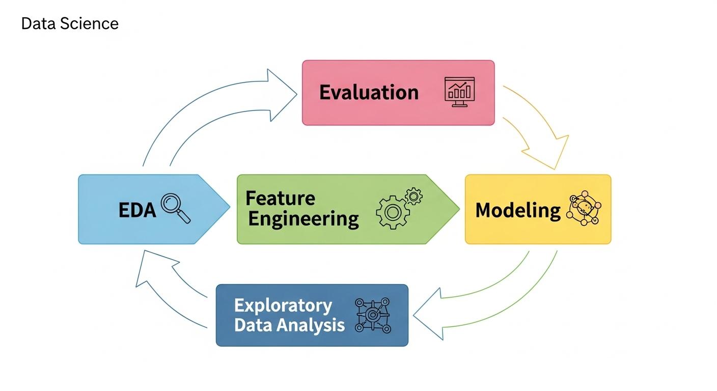 データ分析における反復的なワークフロー（EDA、特徴量エンジニアリング、モデリング、評価）。