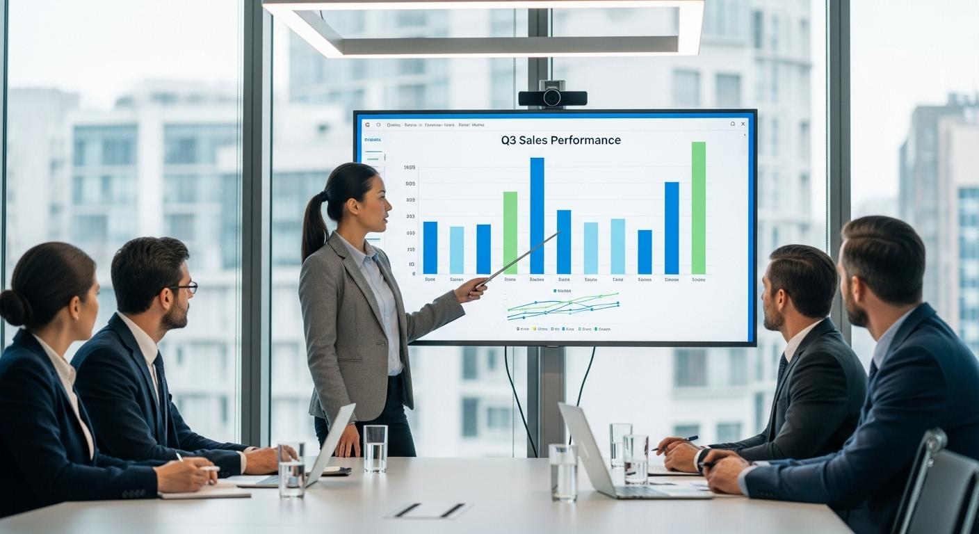 データサイエンティストがビジネス層に分析結果を報告する様子。