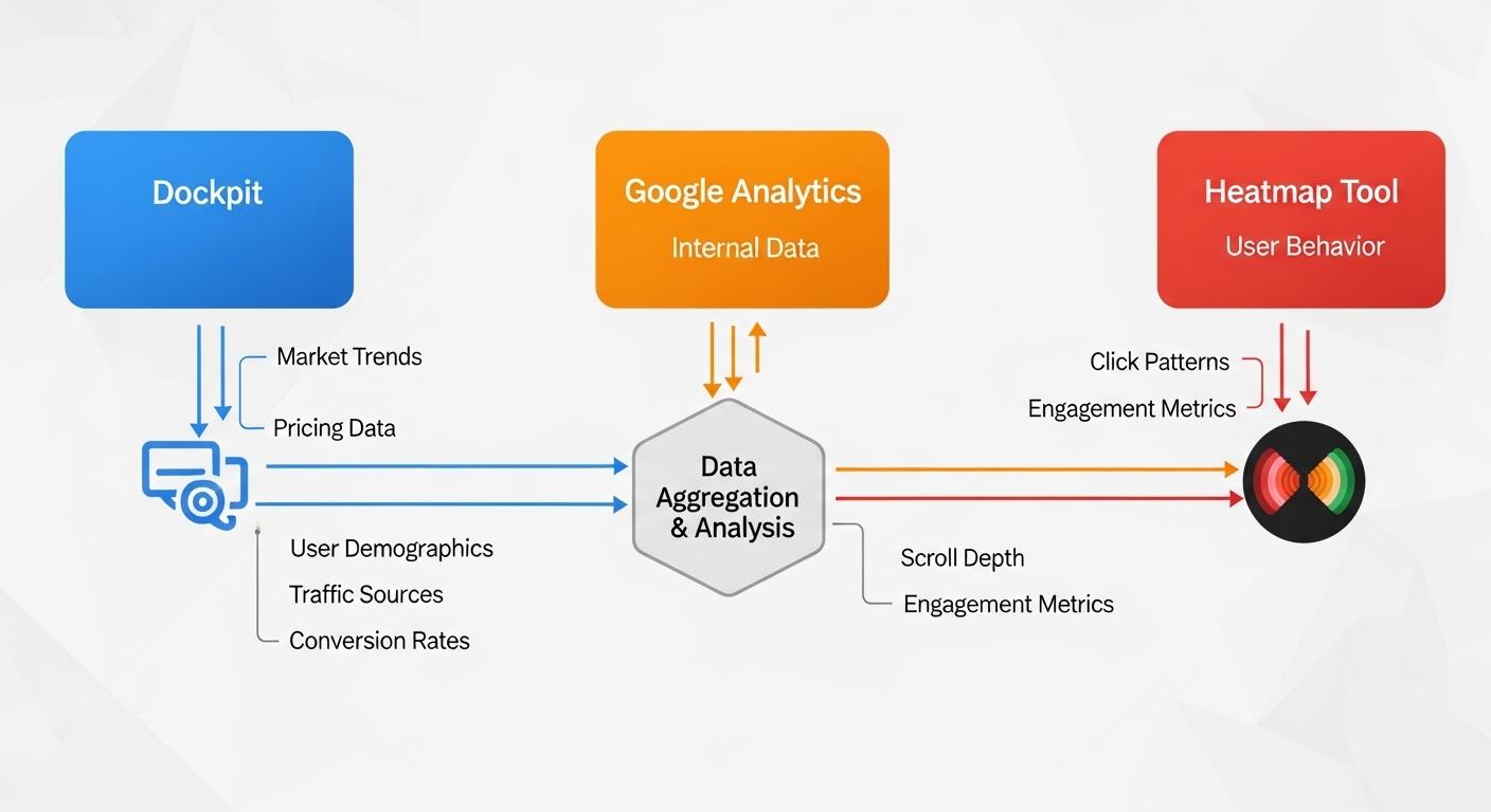 DockpitとGoogle Analytics、ヒートマップツールのデータ連携フロー。