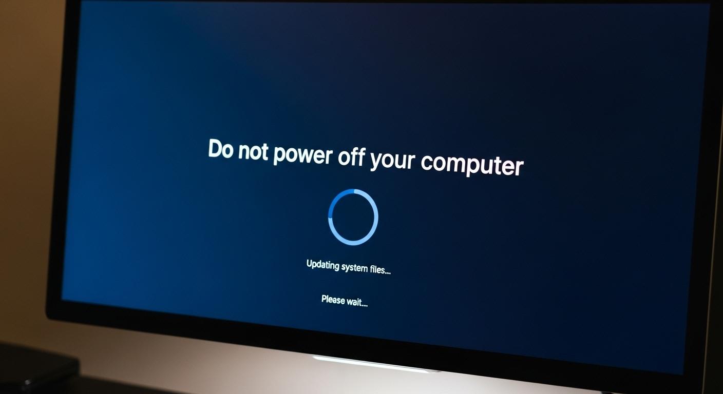 OSアップデート中に「コンピューターの電源を切らないでください」という警告が表示された画面。