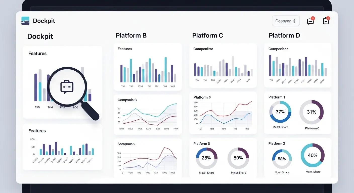 Dockpitと競合サービスの機能比較チャートとデータ分析画面。