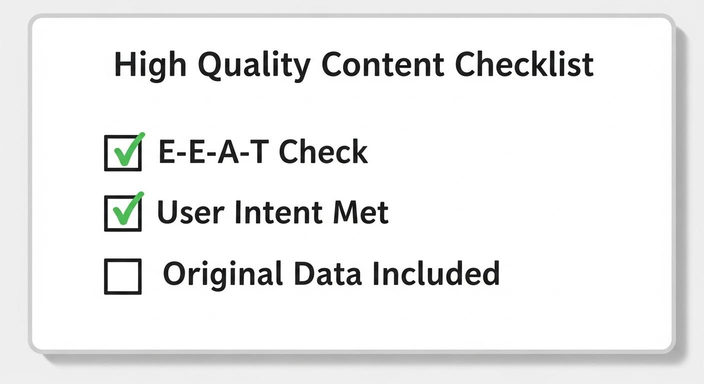 E-E-A-T、ユーザー意図、オリジナルデータを含むコンテンツ品質チェックリスト。