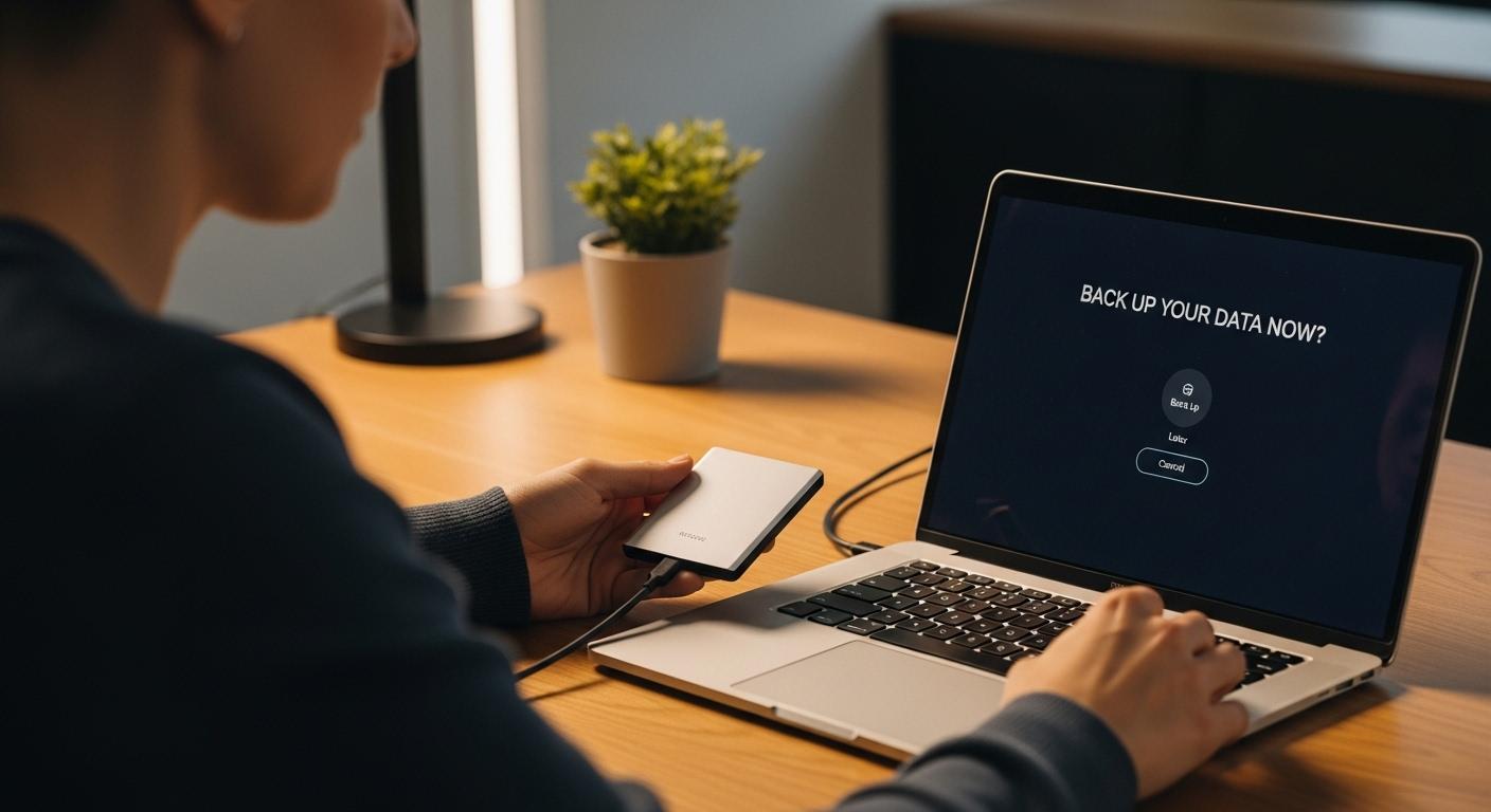 外付け SSDを接続し、大事なファイルのバックアップを行っている様子。