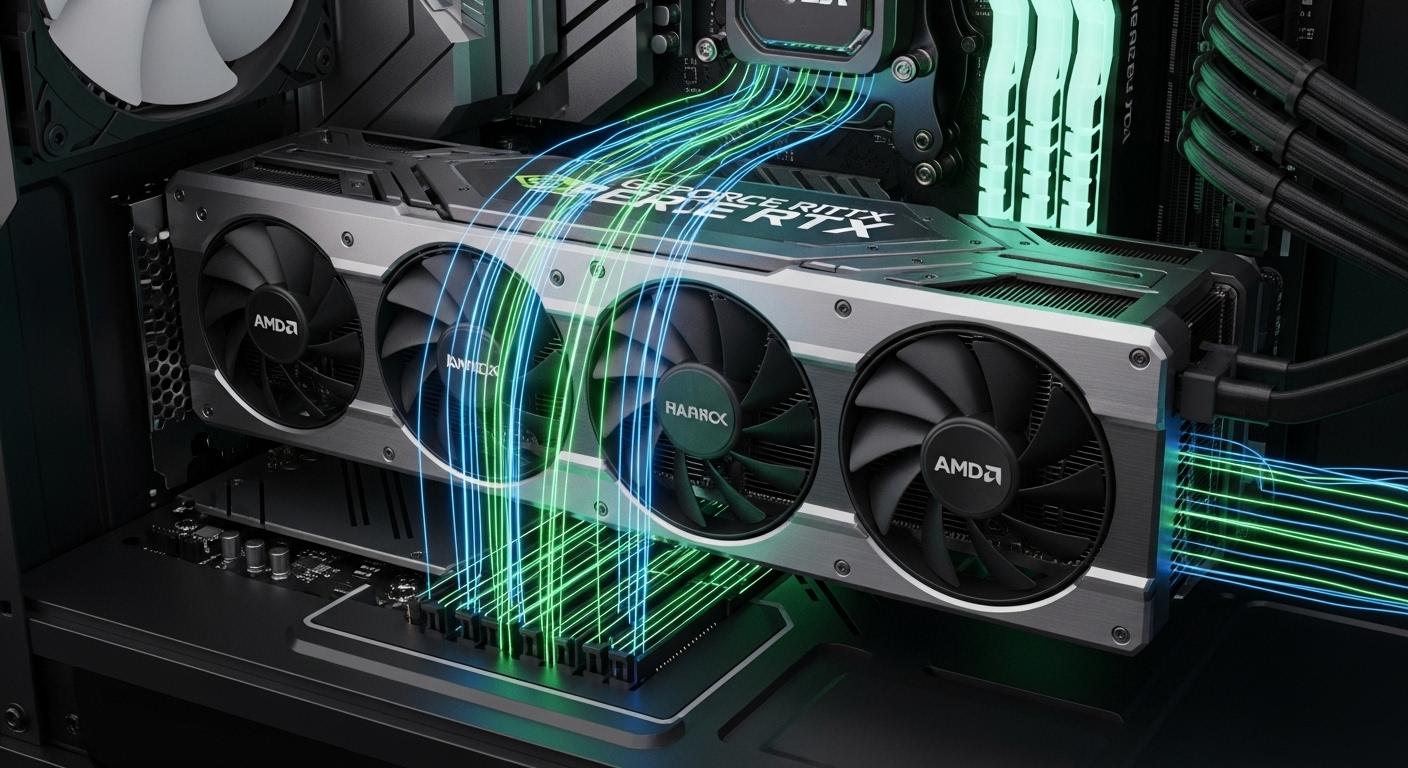 新しいグラフィックボードをPCに装着している様子とドライバーインストール。