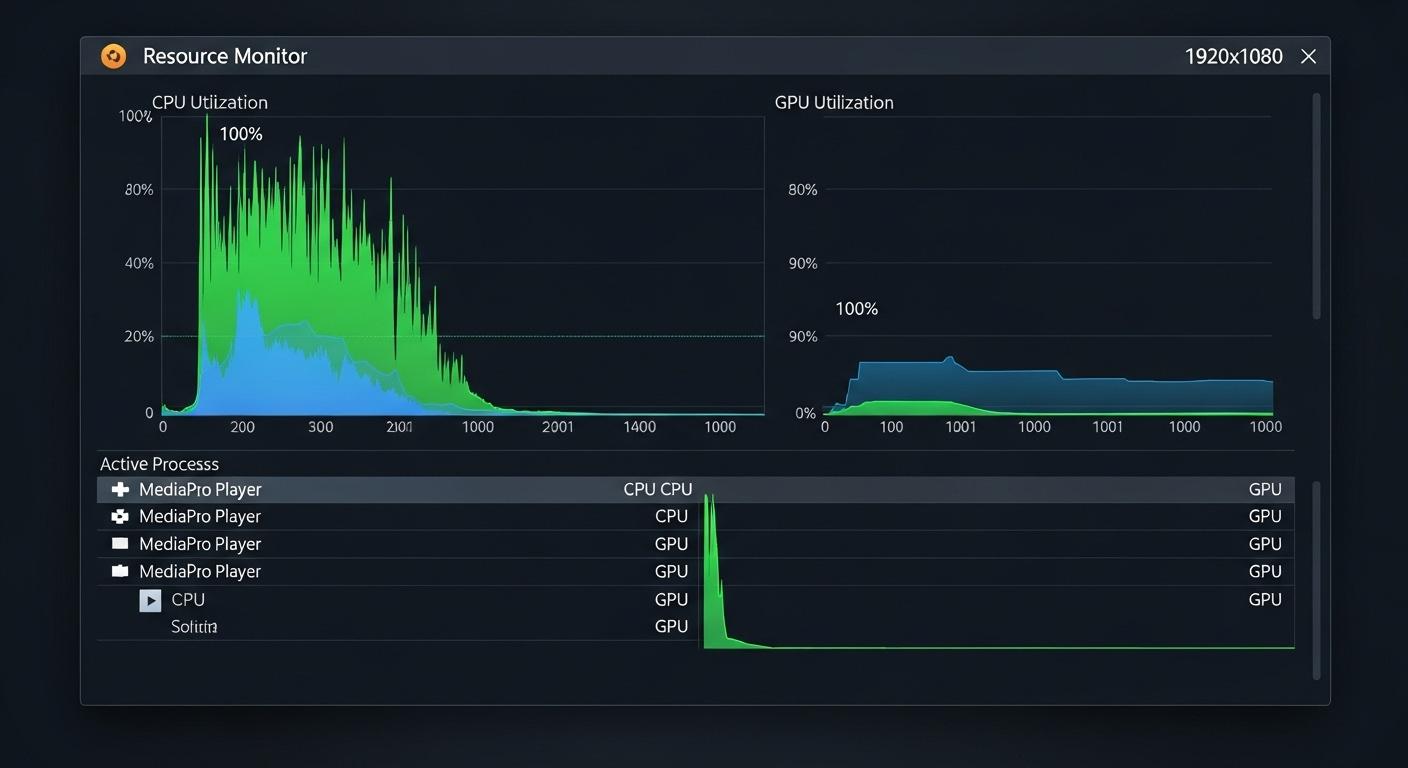 高画質化設定によりCPUとGPUの使用率が高くなっているPCのリソースモニター。