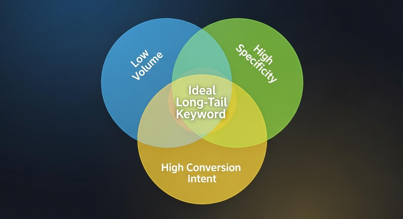 理想的なロングテールキーワード選定の要素を示すベン図。  