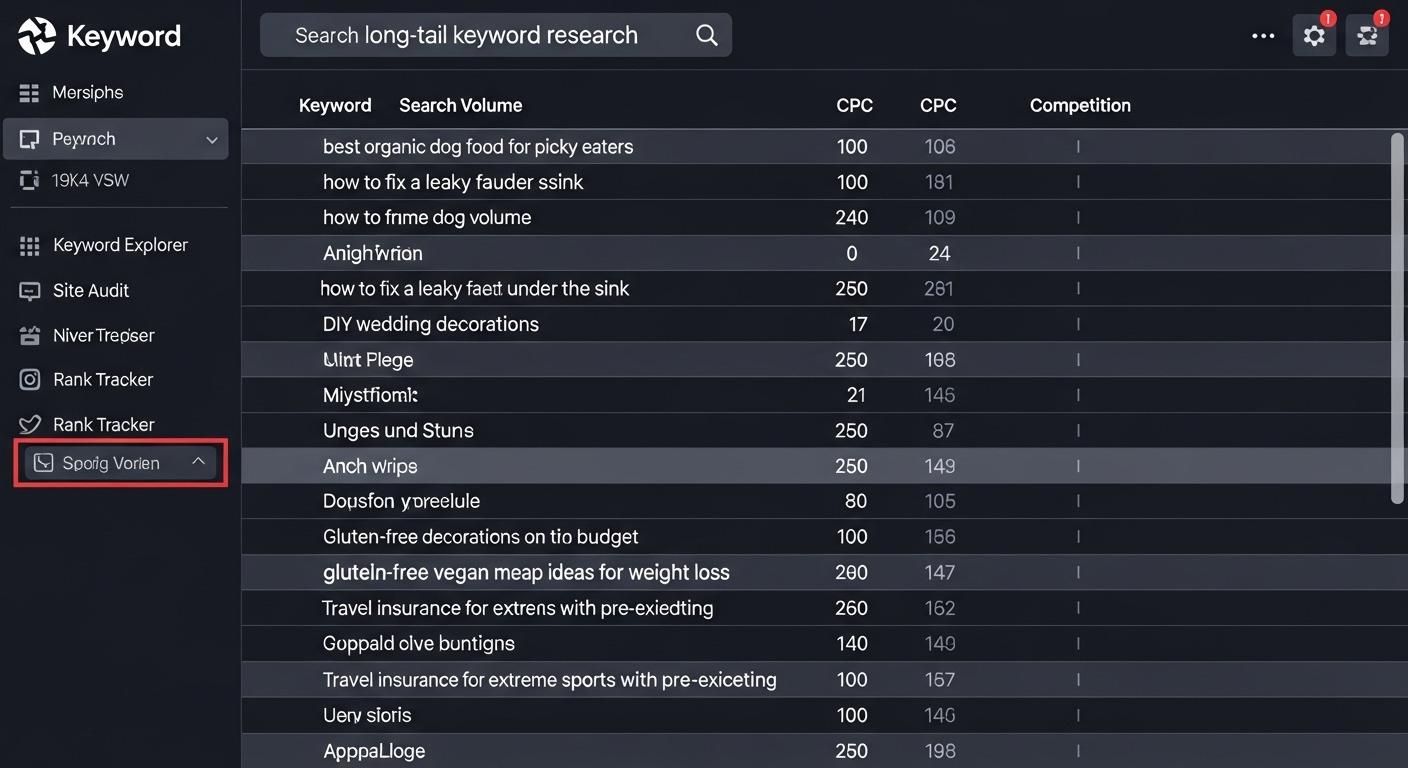 ロングテールキーワードが多数リストアップされたキーワード選定ツールの画面。