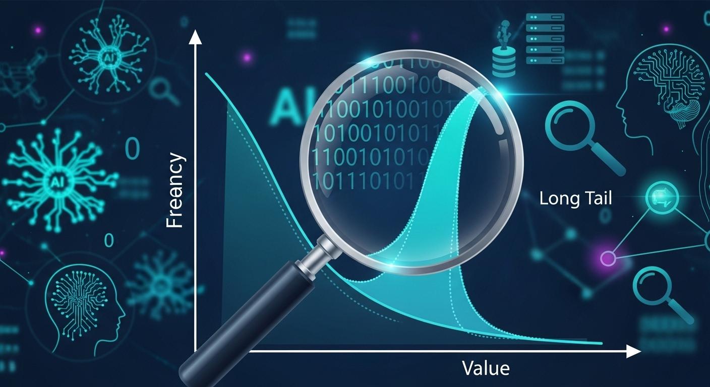 パレートの法則のグラフの長い尾の部分に焦点を当てた虫眼鏡。