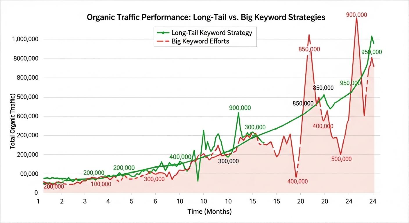 ロングテールSEO戦略導入後のサイトトラフィックの安定的な成長を示すグラフ。