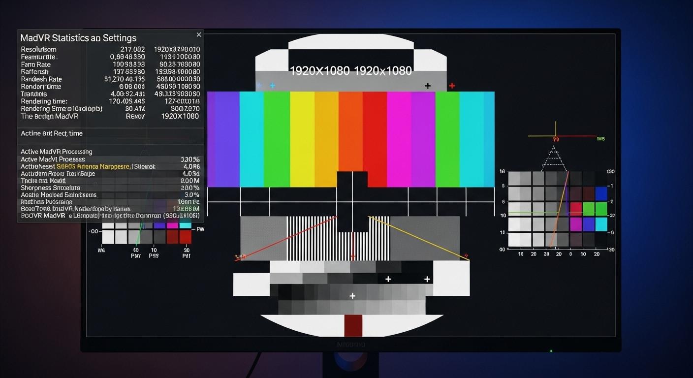 MadVRが動作していることを示す統計情報が画面にオーバーレイ表示されている状態。