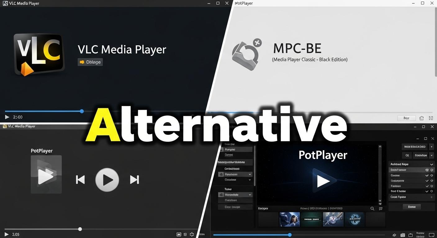 MPC-HCの代替ソフトであるVLC、MPC-BE、PotPlayerの画面比較コラージュ。