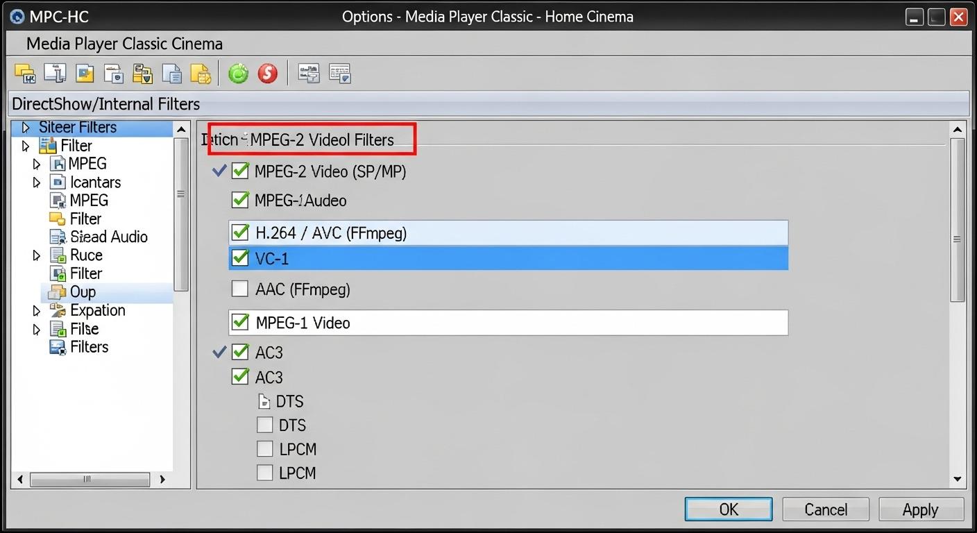 MPC-HCの設定画面で内部フィルターを無効にする操作。