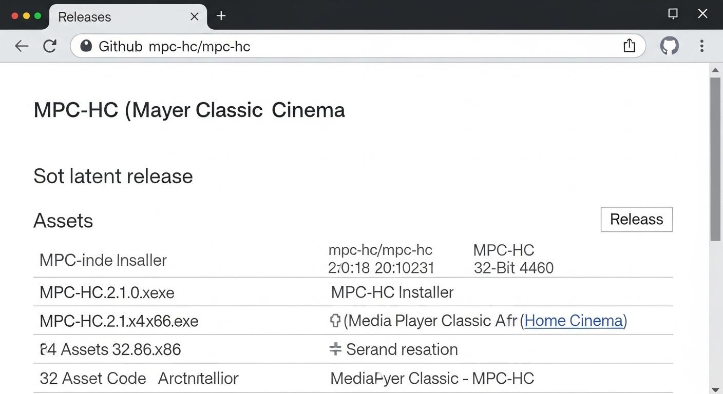 MPC-HCのGitHubリリースページで64bit版と32bit版のインストーラーが示されている画面。