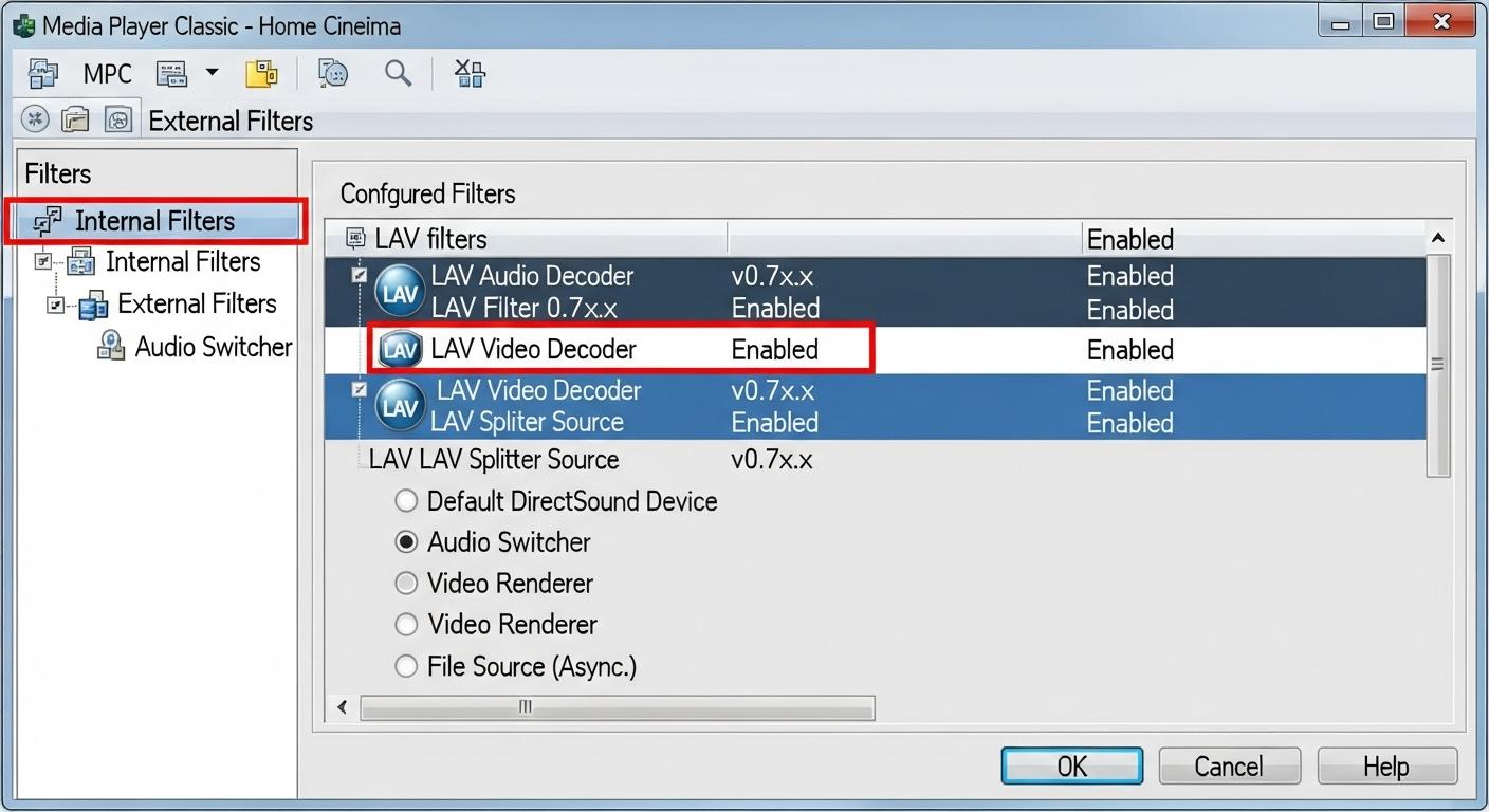 MPC-HCのオプション画面で外部コーデックLAV Filtersを設定している様子。
