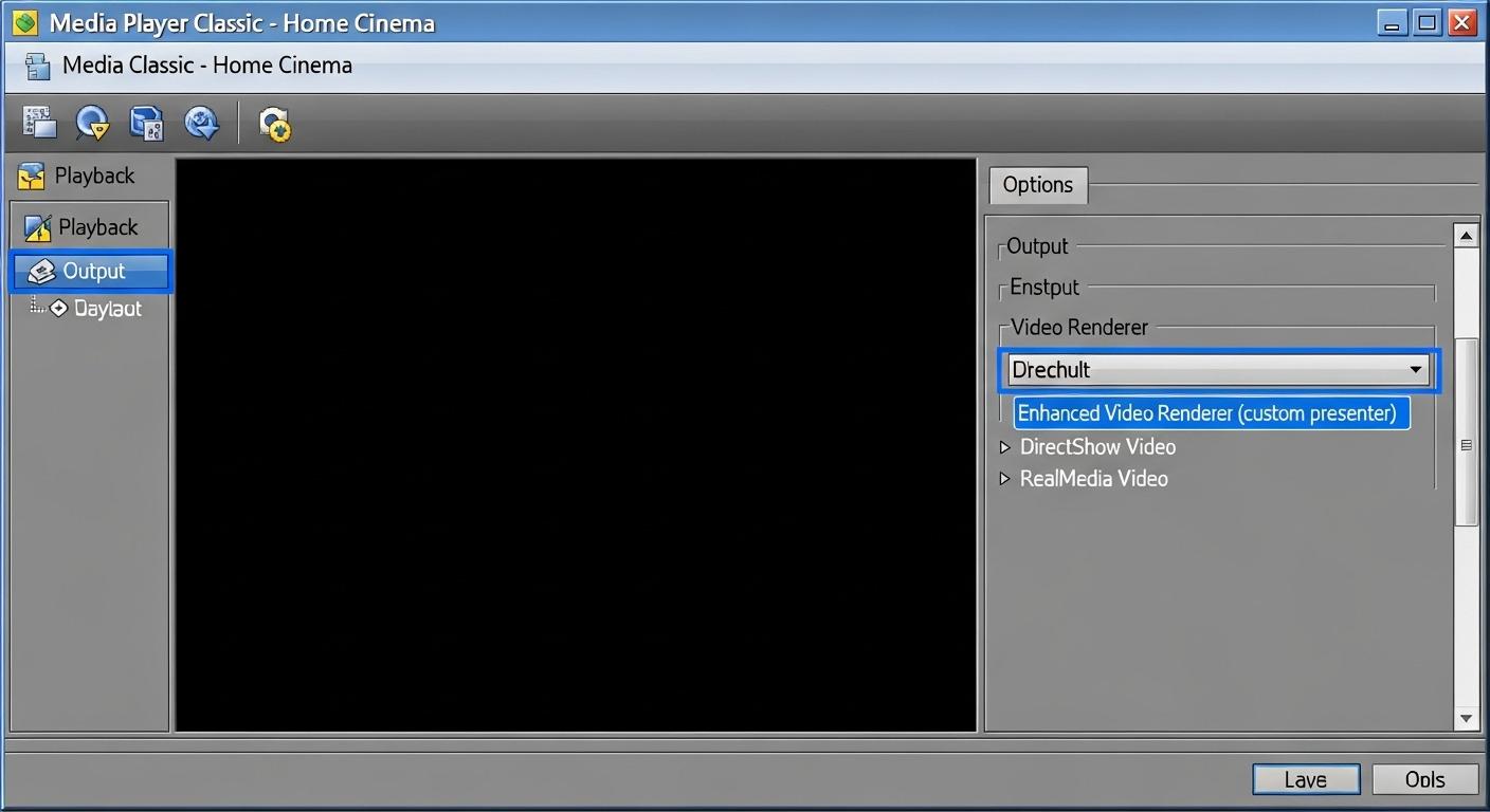 MPC-HCのオプションメニュー画面。ビデオレンダラー設定に焦点。