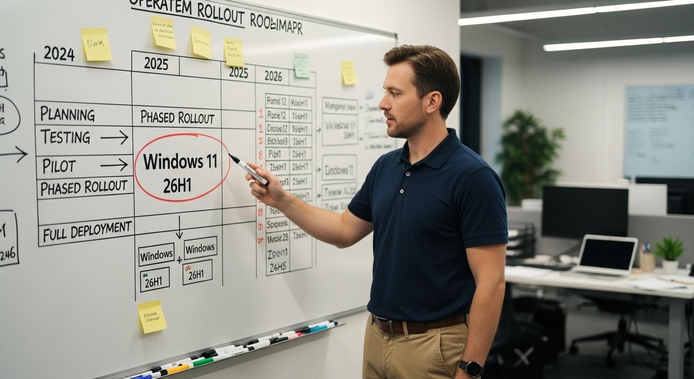 IT管理者がWindows 11 26H1の導入計画をホワイトボードで作成している様子。