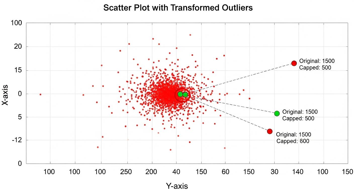 外れ値のロバスト化と値の変換を示す散布図。